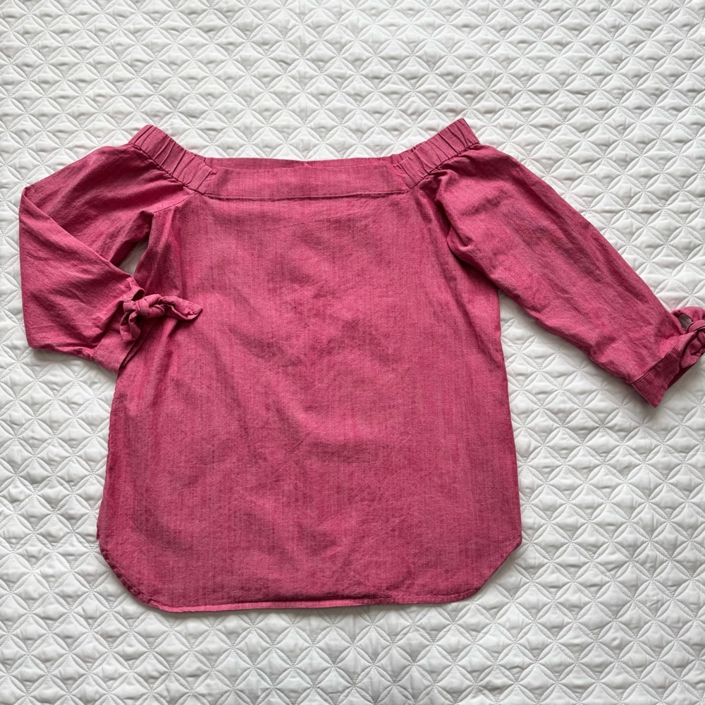 Banana Republic Factory Pink Chambray Button Down Back Off The Shoulder Top Sz S - Picture 2 of 15